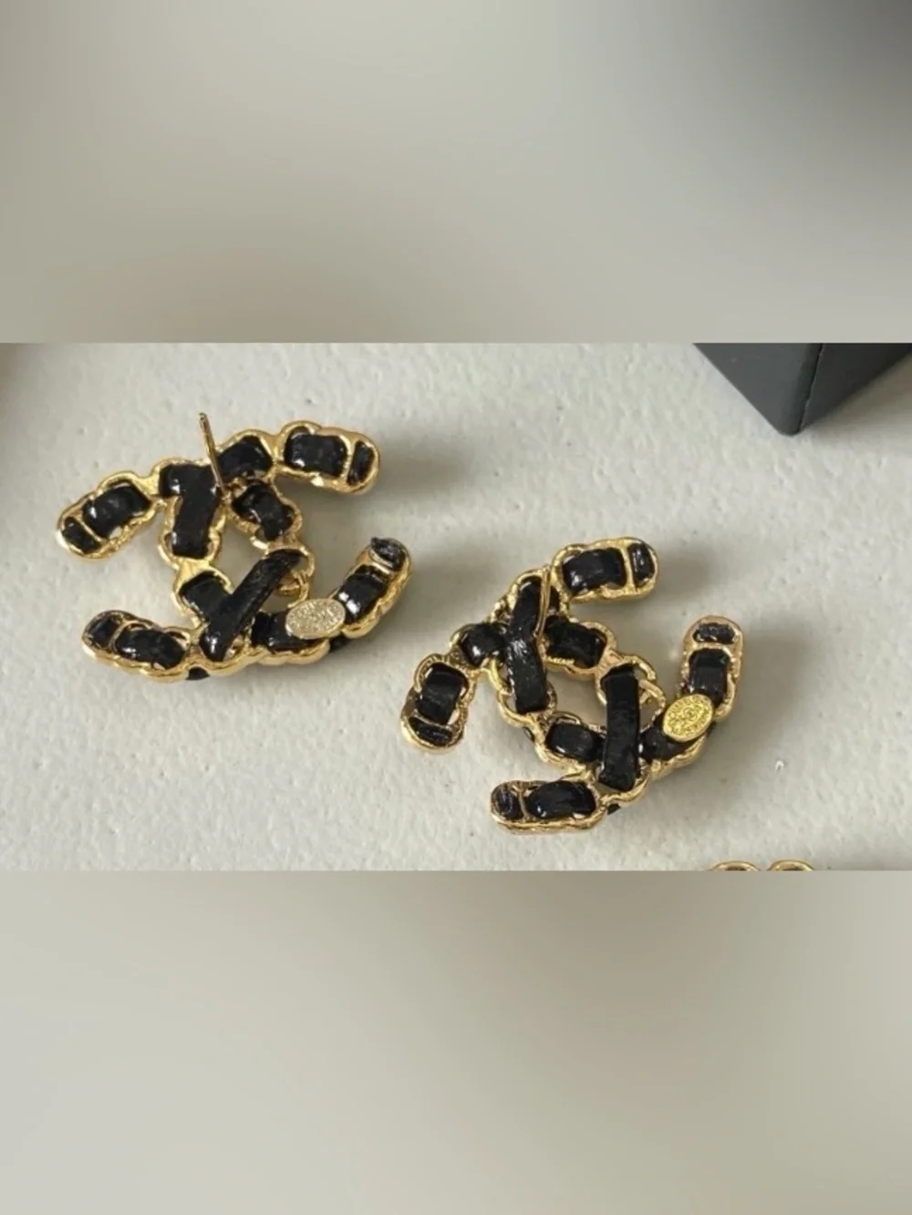 Double C Black Leather and Gold Tone Stud Earrings for Pierced Ears